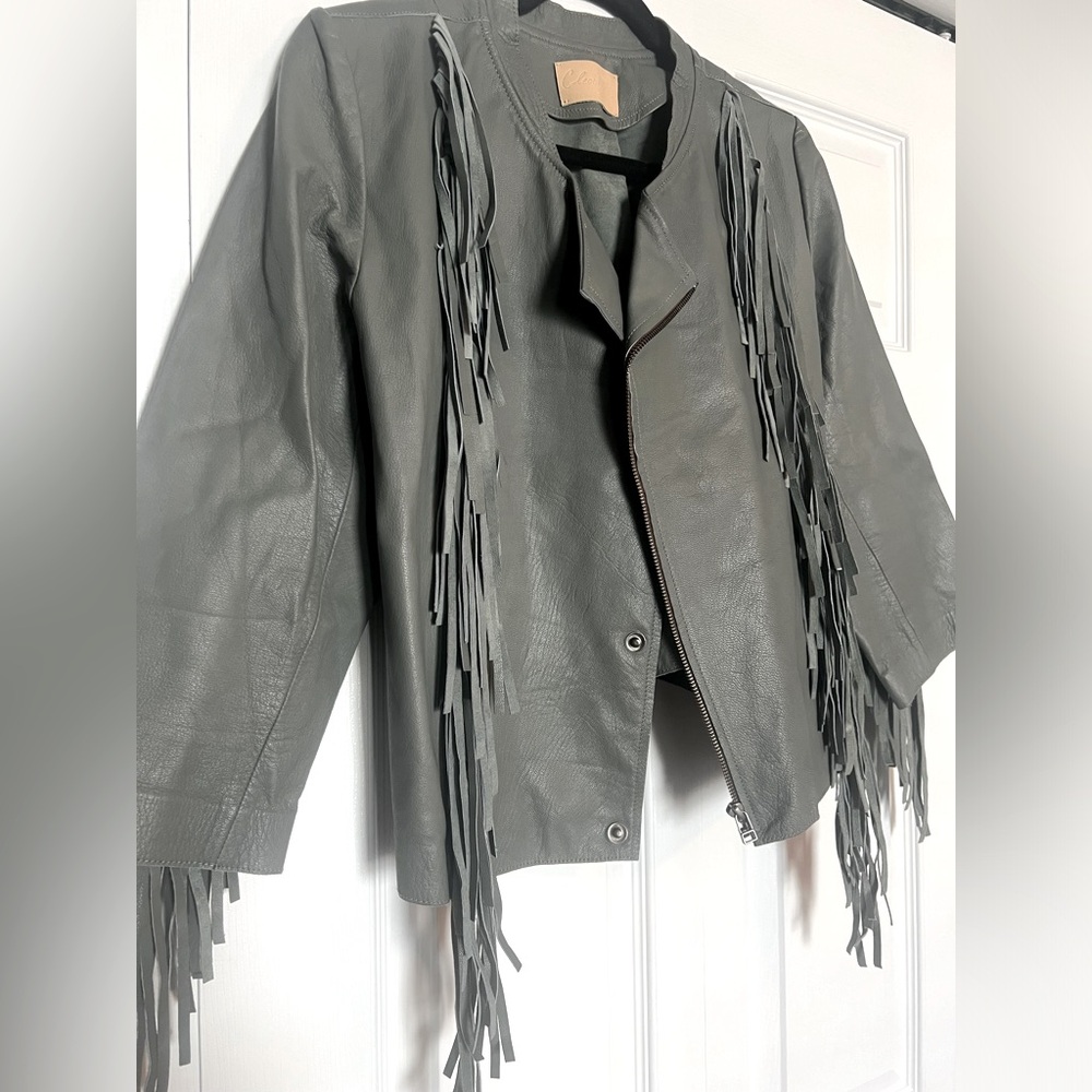 NWOT Cleobella cropped leather fringe jacket in seafoam - Picture 6 of 13